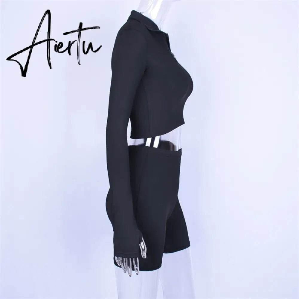 Aiertu  Long Sleeve Zipper High Neck Elastic Sexy Crop Tops Shorts 2-Pieces Summer Autumn Women Fashion Casual Sports Sets Aiertu