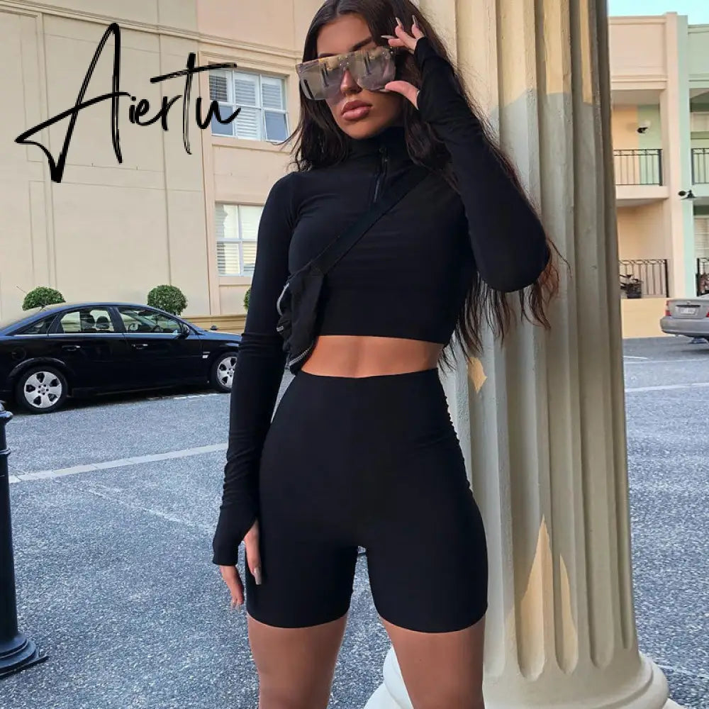 Aiertu  Long Sleeve Zipper High Neck Elastic Sexy Crop Tops Shorts 2-Pieces Summer Autumn Women Fashion Casual Sports Sets Aiertu