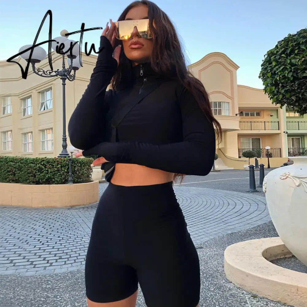 Aiertu  Long Sleeve Zipper High Neck Elastic Sexy Crop Tops Shorts 2-Pieces Summer Autumn Women Fashion Casual Sports Sets Aiertu