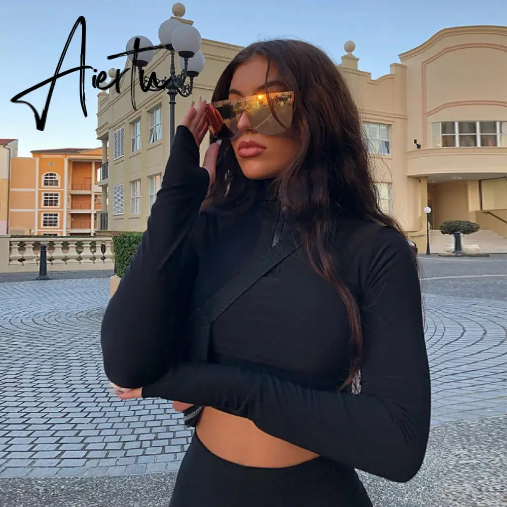 Aiertu  Long Sleeve Zipper High Neck Elastic Sexy Crop Tops Shorts 2-Pieces Summer Autumn Women Fashion Casual Sports Sets Aiertu