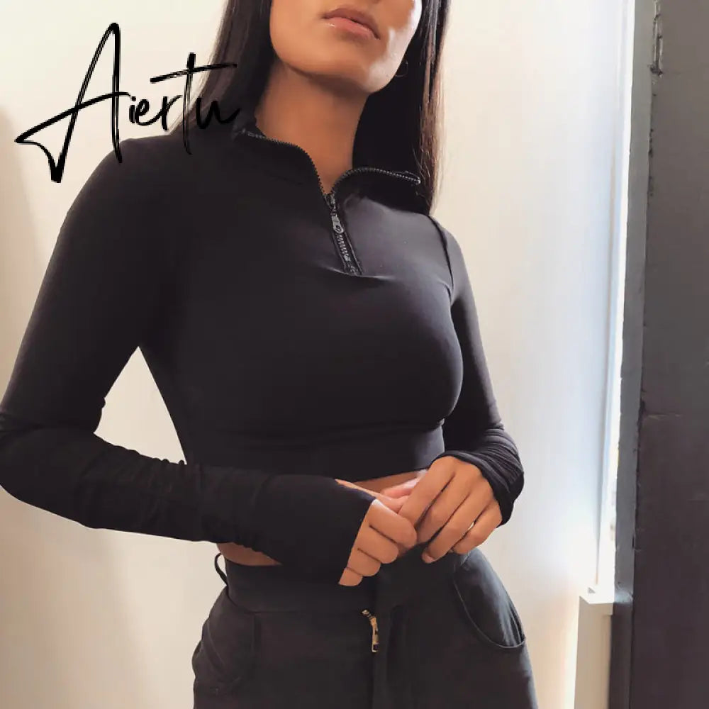 Aiertu  Long Sleeve Zipper High Neck Elastic Sexy Crop Tops Shorts 2-Pieces Summer Autumn Women Fashion Casual Sports Sets Aiertu
