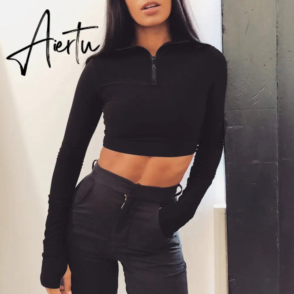 Aiertu  Long Sleeve Zipper High Neck Elastic Sexy Crop Tops Shorts 2-Pieces Summer Autumn Women Fashion Casual Sports Sets Aiertu