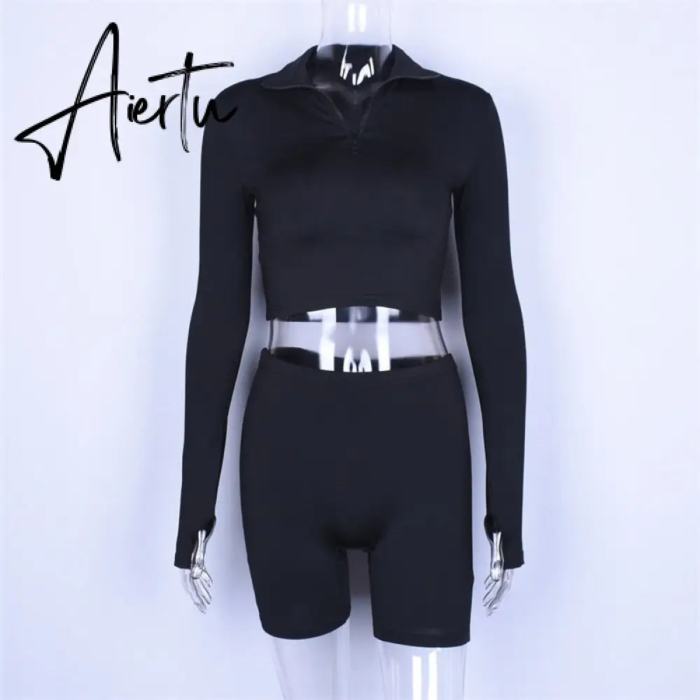 Aiertu  Long Sleeve Zipper High Neck Elastic Sexy Crop Tops Shorts 2-Pieces Summer Autumn Women Fashion Casual Sports Sets Aiertu