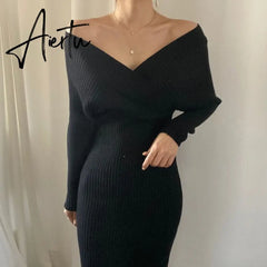 Aiertu Long-sleeved Knitted Dress Woman Fall Cross V-neck Pink Knit Dress Clothing Woman Autumn and Winter Korean Knitwear Work Aiertu