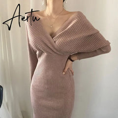Aiertu Long-sleeved Knitted Dress Woman Fall Cross V-neck Pink Knit Dress Clothing Woman Autumn and Winter Korean Knitwear Work Aiertu