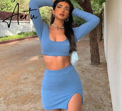 Aiertu   Long Sleeves Solid Navel Low Neck Bodycon Top Sexy Mini Dress Set Summer Women Fashion Streetwear Outfits Y2K Aiertu