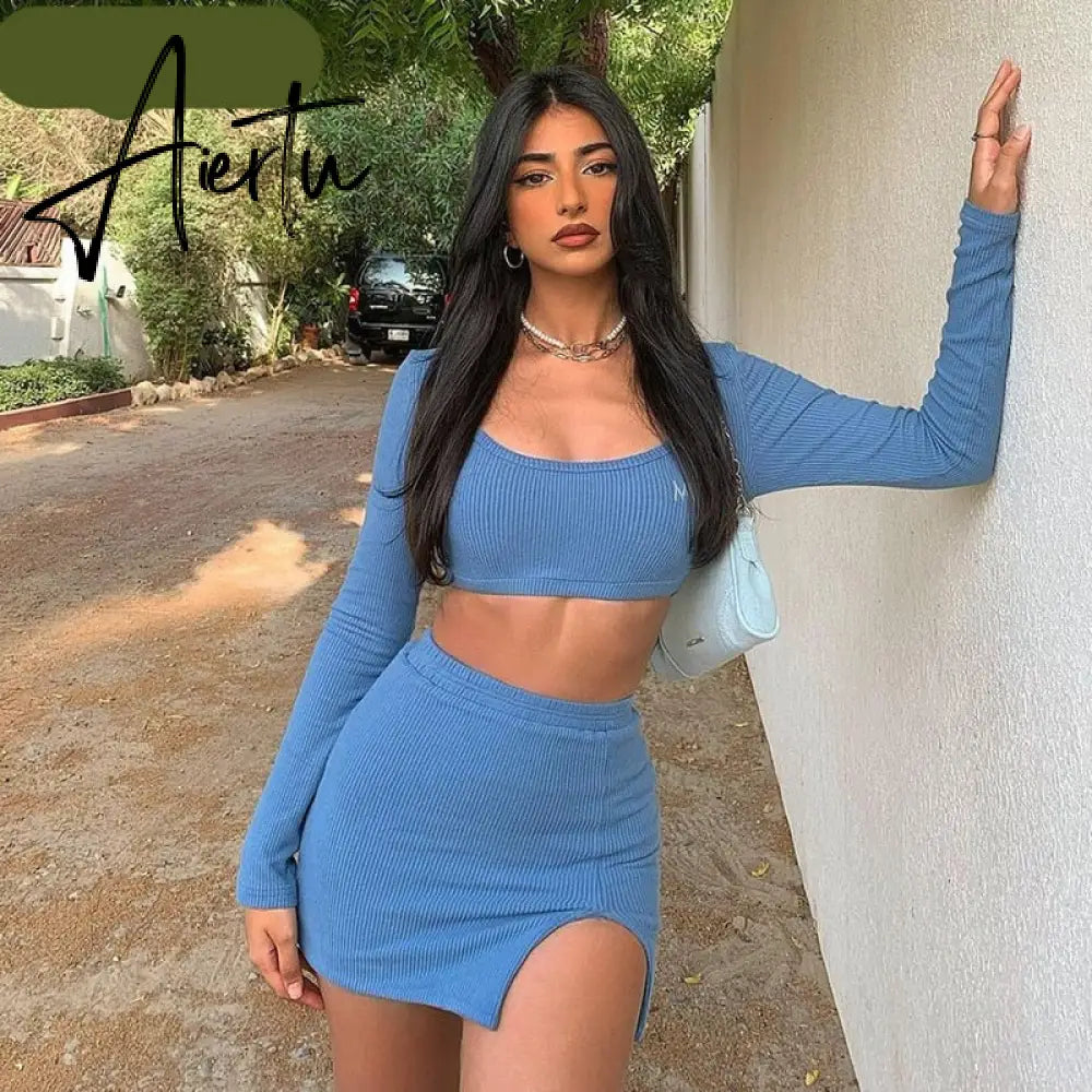 Aiertu   Long Sleeves Solid Navel Low Neck Bodycon Top Sexy Mini Dress Set Summer Women Fashion Streetwear Outfits Y2K Aiertu