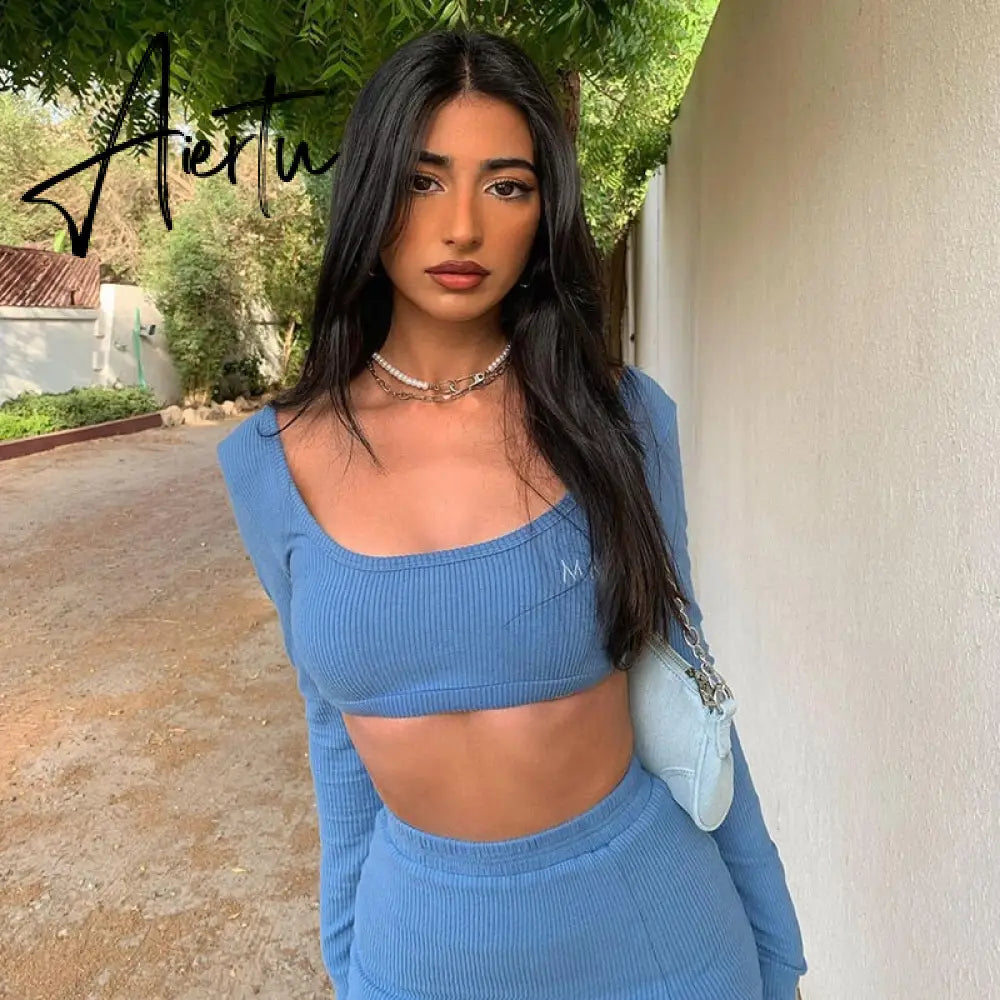 Aiertu   Long Sleeves Solid Navel Low Neck Bodycon Top Sexy Mini Dress Set Summer Women Fashion Streetwear Outfits Y2K Aiertu