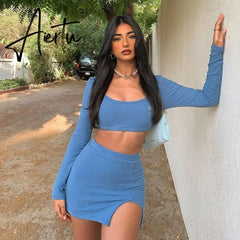 Aiertu   Long Sleeves Solid Navel Low Neck Bodycon Top Sexy Mini Dress Set Summer Women Fashion Streetwear Outfits Y2K Aiertu