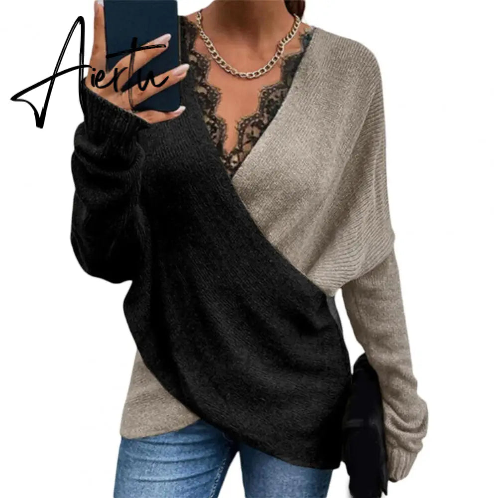 Aiertu Loose Women Sweater Color Block Lace Autumn Winter Office Ladies Knitting Pullover Sweaters Aiertu