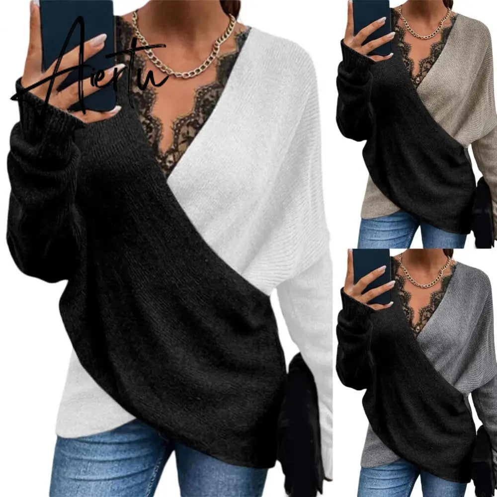 Aiertu Loose Women Sweater Color Block Lace Autumn Winter Office Ladies Knitting Pullover Sweaters Aiertu