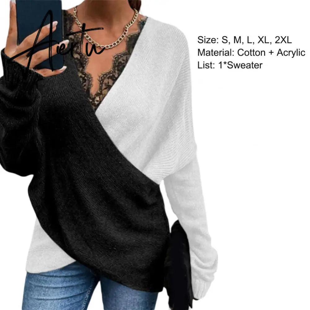 Aiertu Loose Women Sweater Color Block Lace Autumn Winter Office Ladies Knitting Pullover Sweaters Aiertu