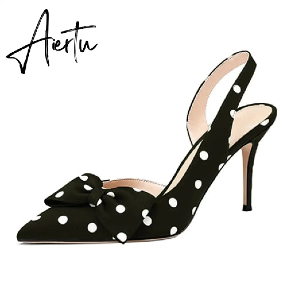 Aiertu Lovirs Womens Bow Tie Slingback 8.5cm Pumps Pointed Toe Stiletto Heels Polka Dot High Heel Dress Party Shoes Plus Size US5-15 Aiertu