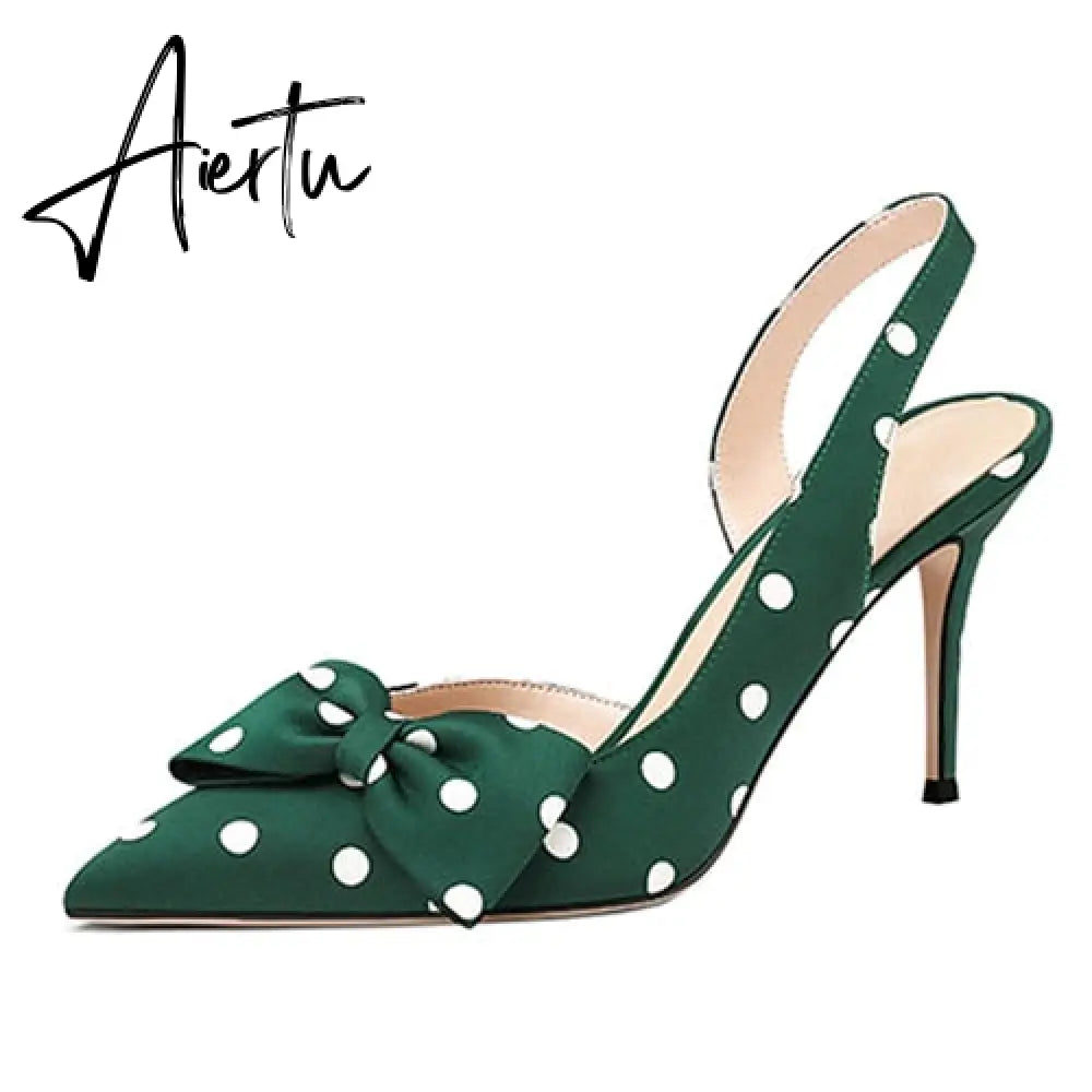 Aiertu Lovirs Womens Bow Tie Slingback 8.5cm Pumps Pointed Toe Stiletto Heels Polka Dot High Heel Dress Party Shoes Plus Size US5-15 Aiertu