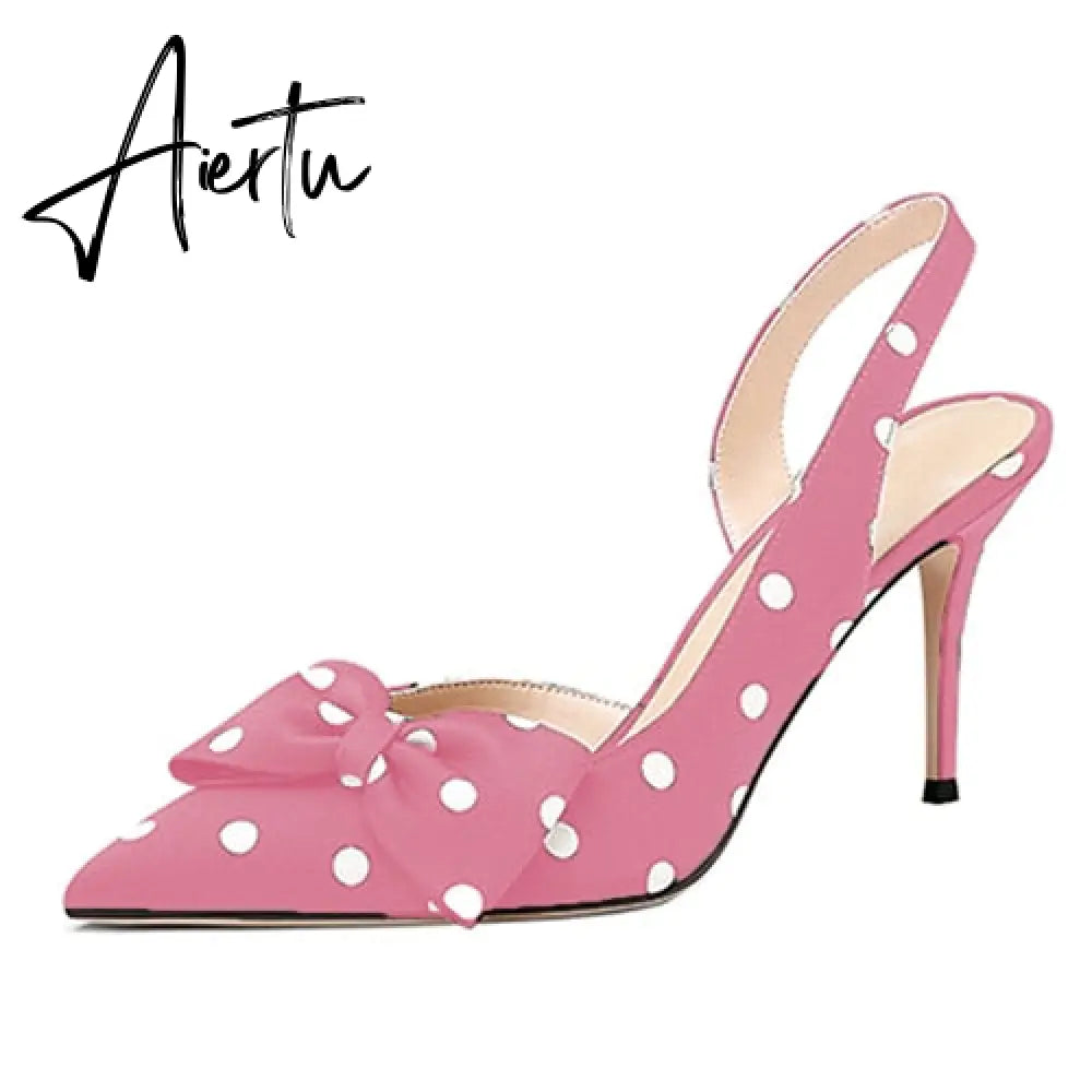 Aiertu Lovirs Womens Bow Tie Slingback 8.5cm Pumps Pointed Toe Stiletto Heels Polka Dot High Heel Dress Party Shoes Plus Size US5-15 Aiertu