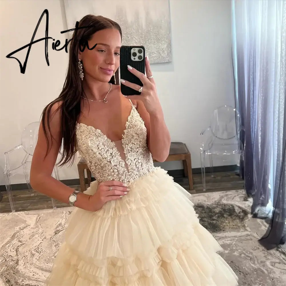 Aiertu  Luxury Beige Prom Dresses Spaghetti Strap Evening Dress Elegant Sleeveless Lace-up Tulle Party  fiesta 2024 Aiertu