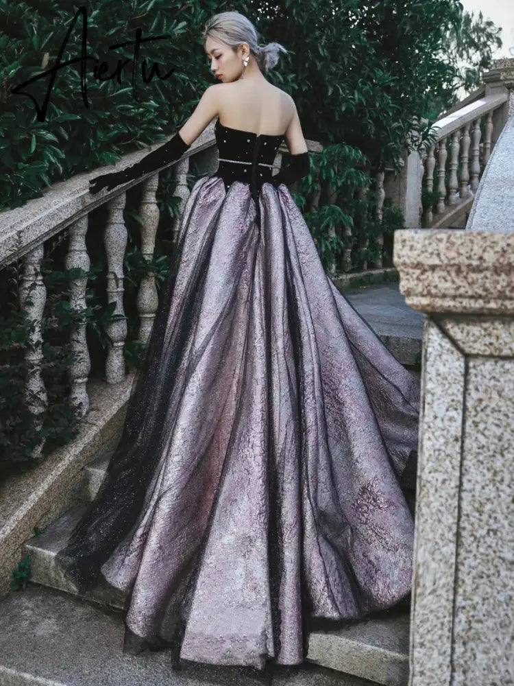 Aiertu Luxury Black Celebrity Dresses Pearl Chain Gloves Women Sexy Princess A-line Strapless Prom Evening Party Gowns Vestido Aiertu