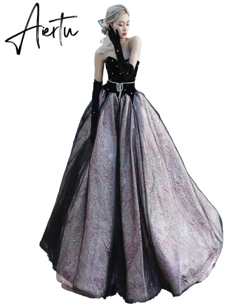 Aiertu Luxury Black Celebrity Dresses Pearl Chain Gloves Women Sexy Princess A-line Strapless Prom Evening Party Gowns Vestido Aiertu