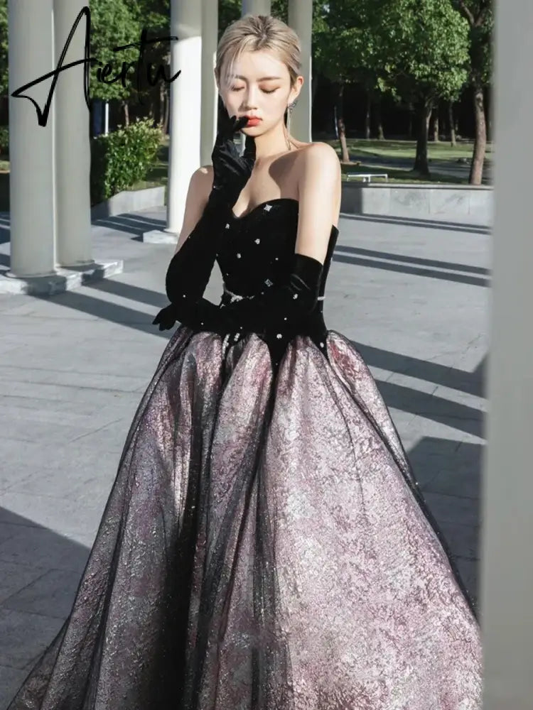 Aiertu Luxury Black Celebrity Dresses Pearl Chain Gloves Women Sexy Princess A-line Strapless Prom Evening Party Gowns Vestido Aiertu