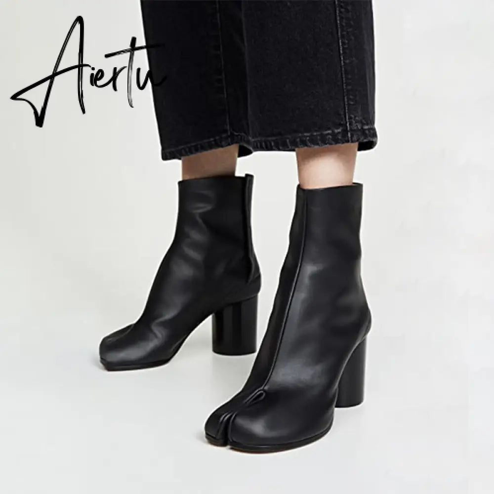 Aiertu Luxury Brand Designer Split Toe Ankle Boots New Fashion Chunky Round High Heels Women Boots Winter Tabi Shoes Short Boots Aiertu