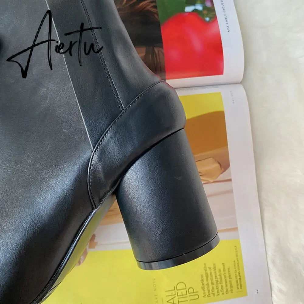 Aiertu Luxury Brand Designer Split Toe Ankle Boots New Fashion Chunky Round High Heels Women Boots Winter Tabi Shoes Short Boots Aiertu