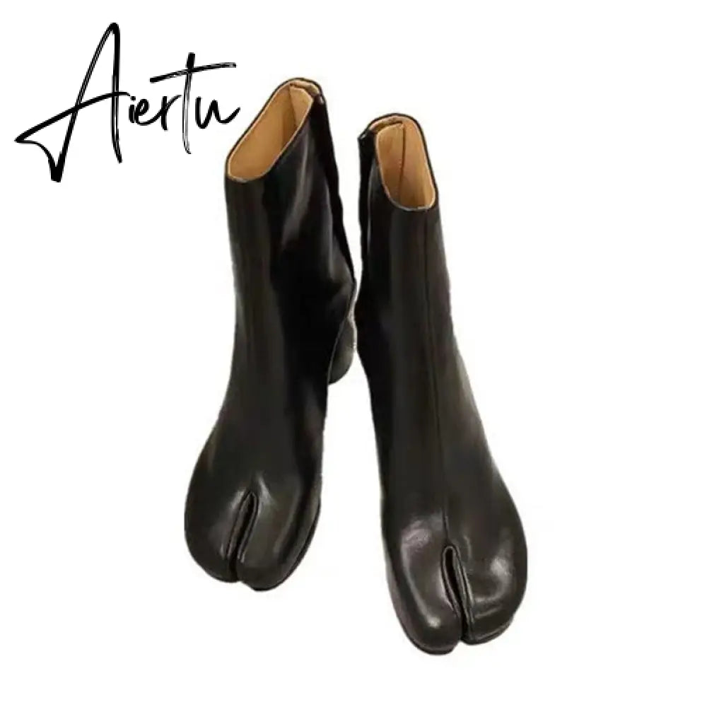 Aiertu Luxury Brand Designer Split Toe Ankle Boots New Fashion Chunky Round High Heels Women Boots Winter Tabi Shoes Short Boots Aiertu