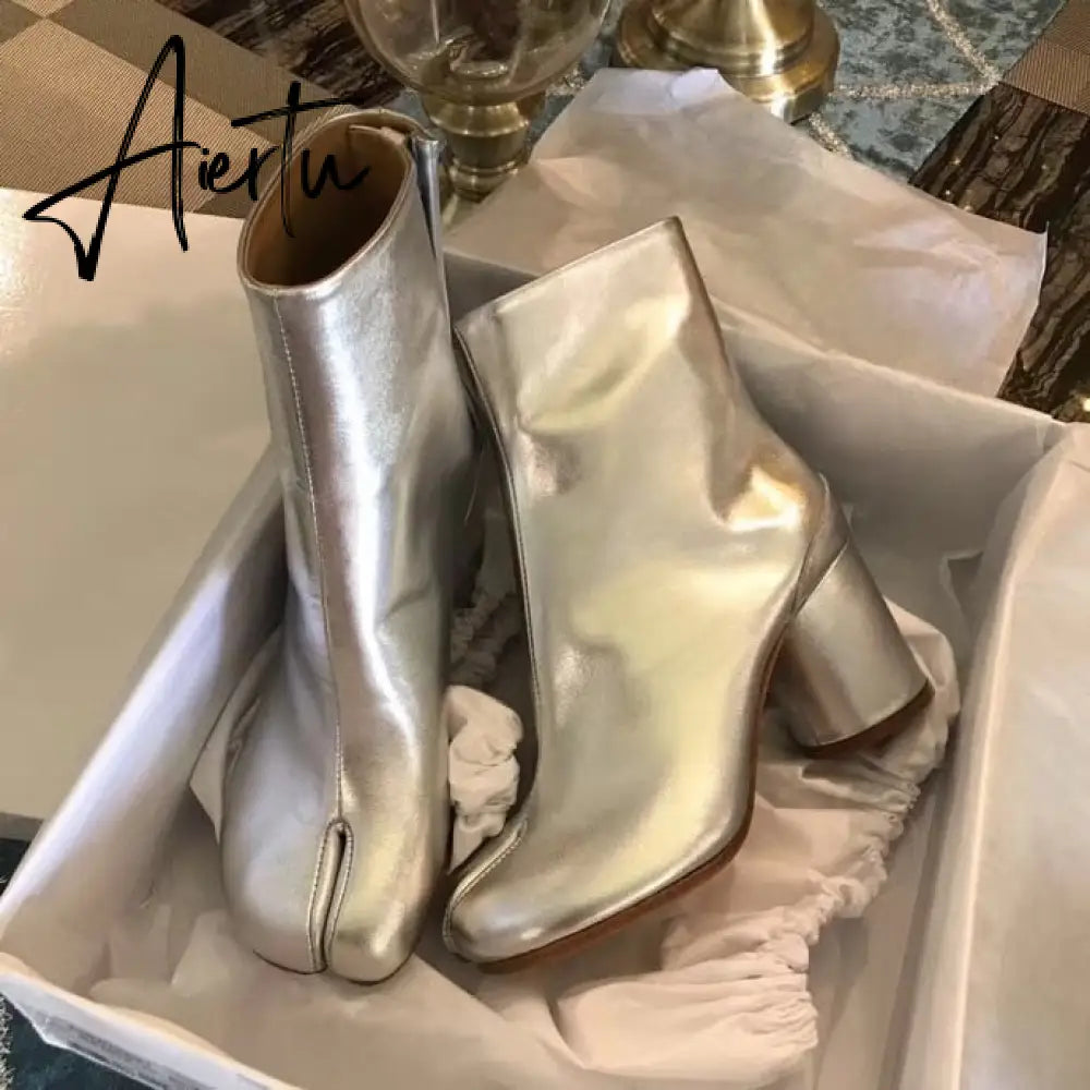 Aiertu Luxury Brand Designer Split Toe Ankle Boots New Fashion Chunky Round High Heels Women Boots Winter Tabi Shoes Short Boots Aiertu