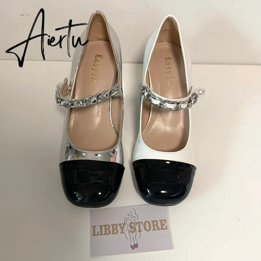 Aiertu Luxury Designer Women Thick High Heels Shose Chain Square Toe Pumps Spring Square Toe Shoes Wedding Shoes Mary Jane Sandals Aiertu