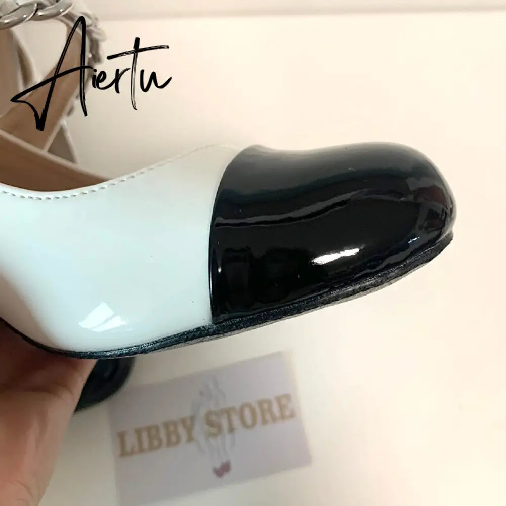 Aiertu Luxury Designer Women Thick High Heels Shose Chain Square Toe Pumps Spring Square Toe Shoes Wedding Shoes Mary Jane Sandals Aiertu