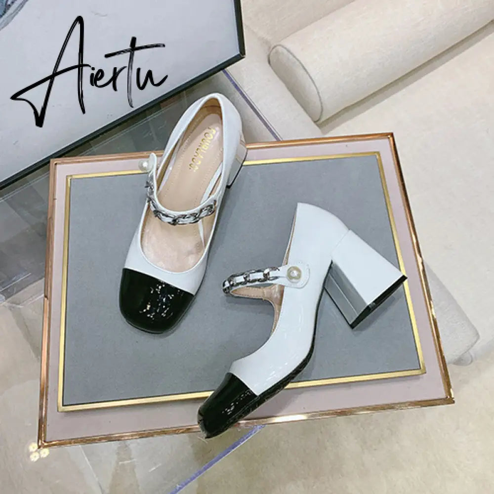 Aiertu Luxury Designer Women Thick High Heels Shose Chain Square Toe Pumps Spring Square Toe Shoes Wedding Shoes Mary Jane Sandals Aiertu