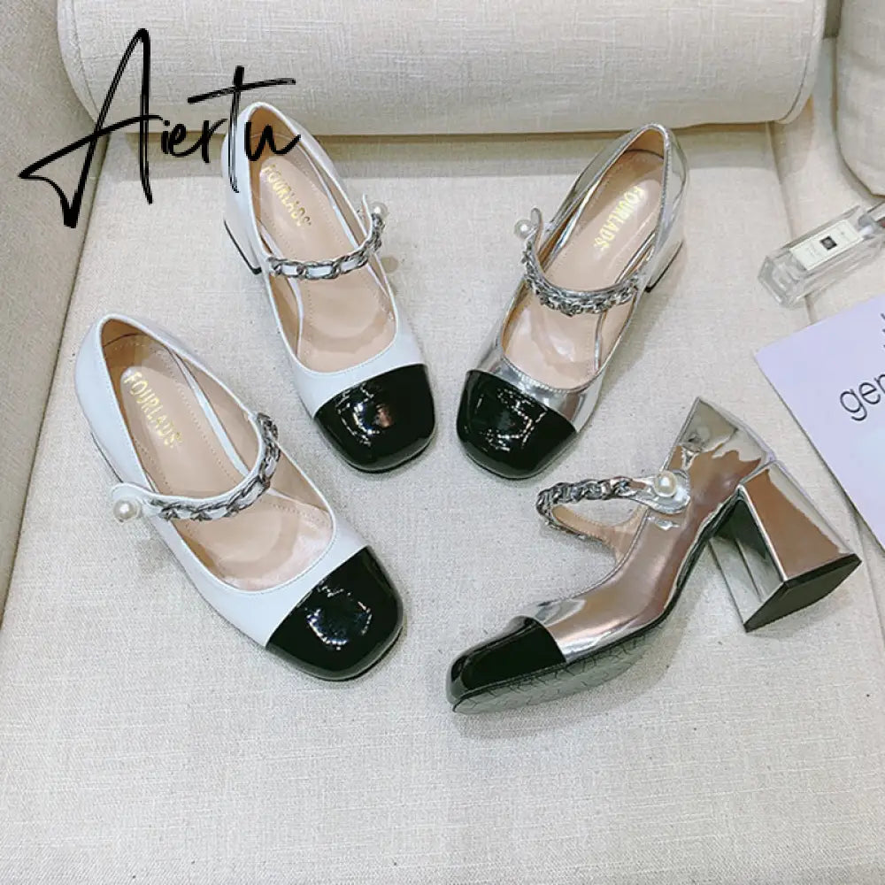 Aiertu Luxury Designer Women Thick High Heels Shose Chain Square Toe Pumps Spring Square Toe Shoes Wedding Shoes Mary Jane Sandals Aiertu