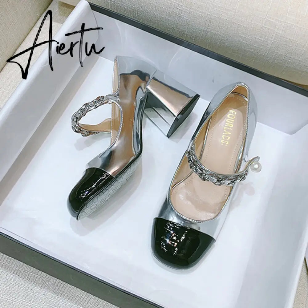Aiertu Luxury Designer Women Thick High Heels Shose Chain Square Toe Pumps Spring Square Toe Shoes Wedding Shoes Mary Jane Sandals Aiertu