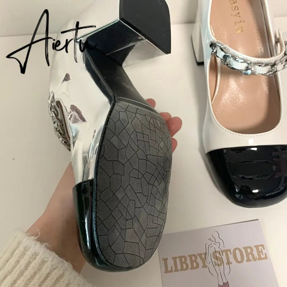 Aiertu Luxury Designer Women Thick High Heels Shose Chain Square Toe Pumps Spring Square Toe Shoes Wedding Shoes Mary Jane Sandals Aiertu
