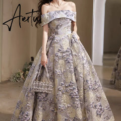 Aiertu Luxury Elegant Temperament Slash Neck Slim Formal Prom Dresses Exquisite Floral Constrast Embroidery Print Gown High End Robe Aiertu