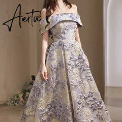 Aiertu Luxury Elegant Temperament Slash Neck Slim Formal Prom Dresses Exquisite Floral Constrast Embroidery Print Gown High End Robe Aiertu