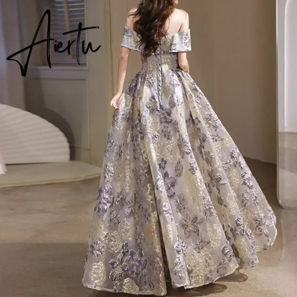 Aiertu Luxury Elegant Temperament Slash Neck Slim Formal Prom Dresses Exquisite Floral Constrast Embroidery Print Gown High End Robe Aiertu