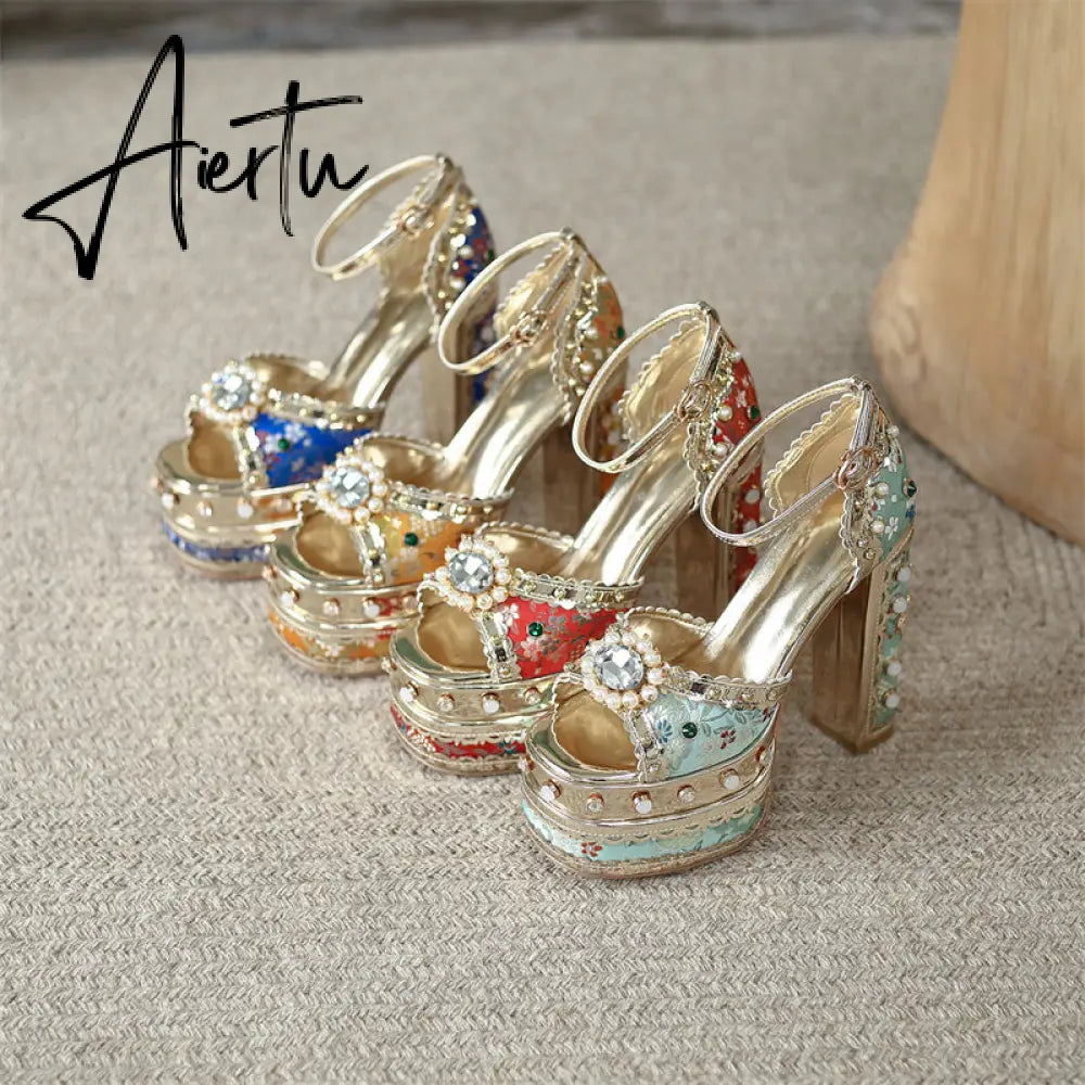 Aiertu Luxury Gold Metallic Women Sandals Studded Square Heels Female Shoes Platform Flower Crystal Sexy Peep Toe Summer Ladies Pumps Aiertu