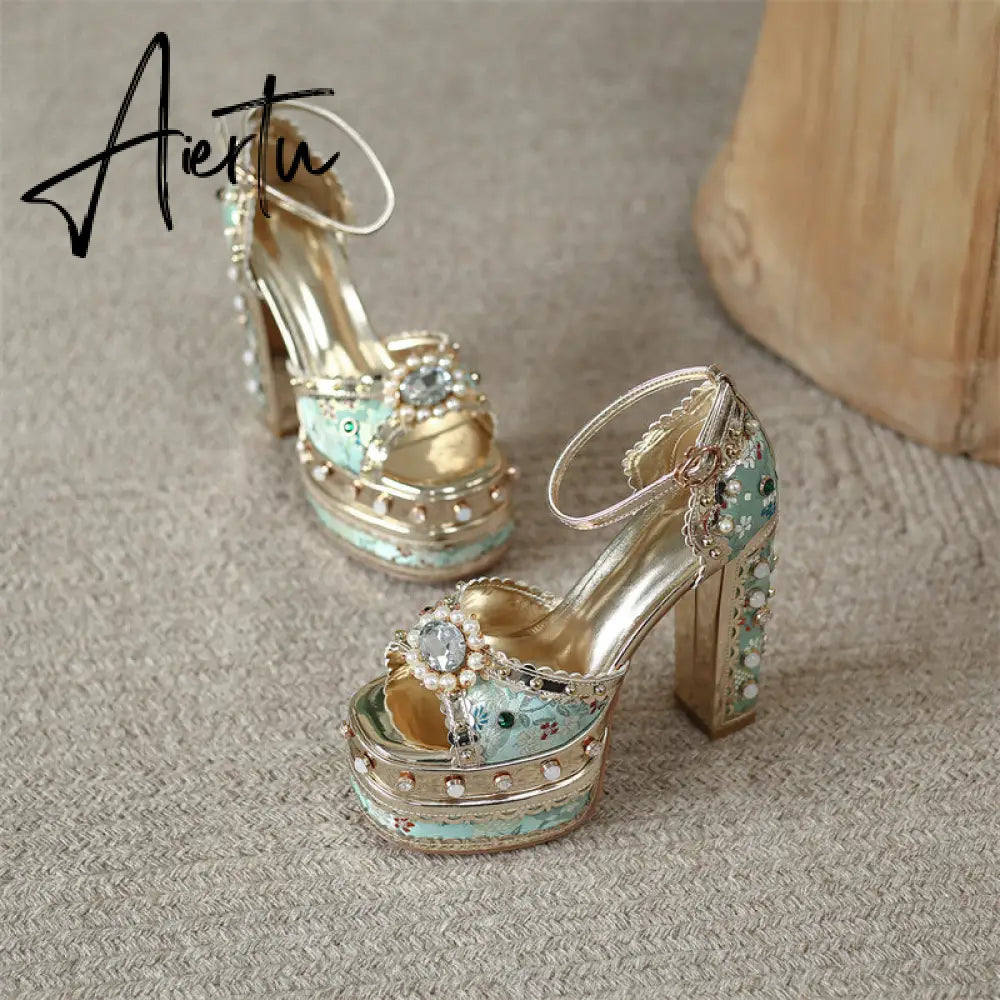 Aiertu Luxury Gold Metallic Women Sandals Studded Square Heels Female Shoes Platform Flower Crystal Sexy Peep Toe Summer Ladies Pumps Aiertu