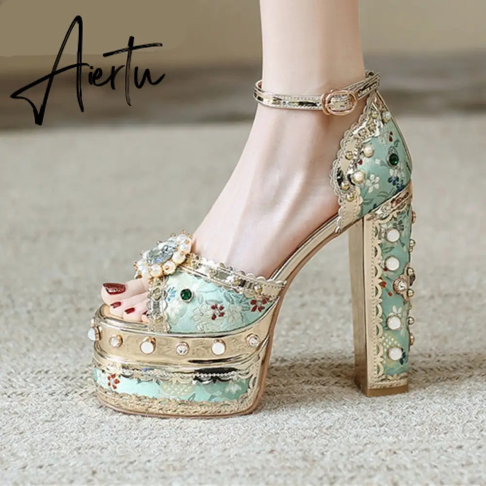 Aiertu Luxury Gold Metallic Women Sandals Studded Square Heels Female Shoes Platform Flower Crystal Sexy Peep Toe Summer Ladies Pumps Aiertu