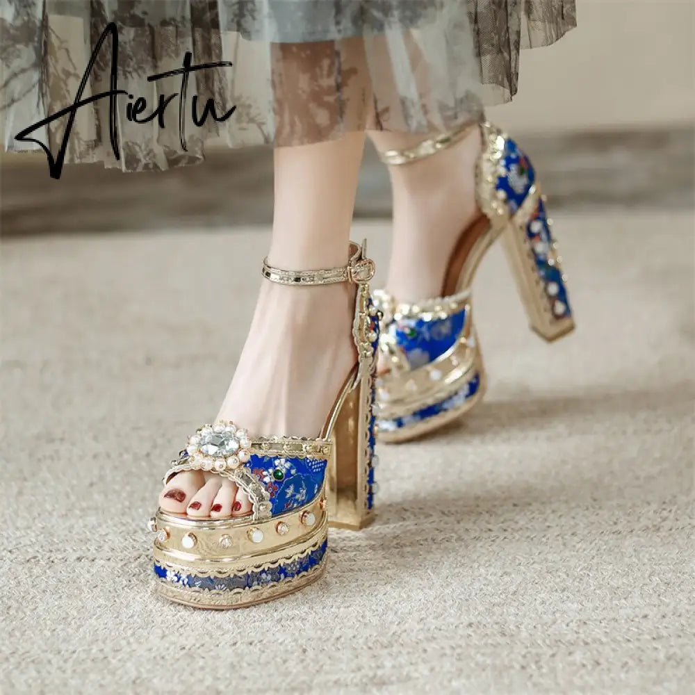 Aiertu Luxury Gold Metallic Women Sandals Studded Square Heels Female Shoes Platform Flower Crystal Sexy Peep Toe Summer Ladies Pumps Aiertu