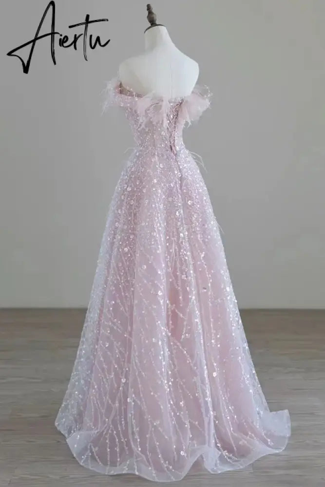 Aiertu  Luxury Pink feather Prom dresses women advanced light luxury a word shoulder fairy Evening dress high-end party gown Aiertu