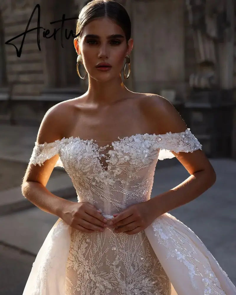 Aiertu  Luxury Wedding Gowns Sequin Lace Appliques Ivory Corset Bride Dress With Detachable Train Women 2024 Wedding Dresses Aiertu