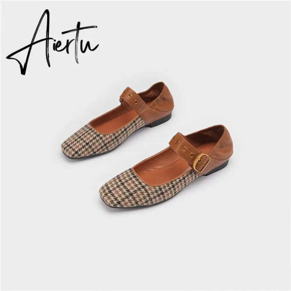 Aiertu Mary Jane Shoes New Spring Brand Women Pumps Low-heel Female Ladies Shoes Square Toe Buckle Mixed Color Retro Women Shoes Aiertu