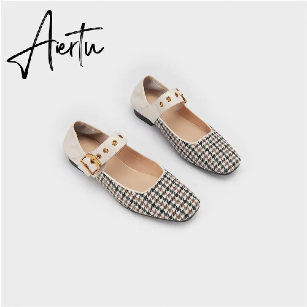 Aiertu Mary Jane Shoes New Spring Brand Women Pumps Low-heel Female Ladies Shoes Square Toe Buckle Mixed Color Retro Women Shoes Aiertu