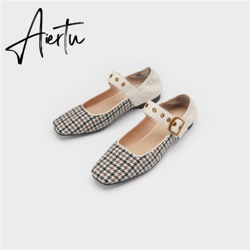 Aiertu Mary Jane Shoes New Spring Brand Women Pumps Low-heel Female Ladies Shoes Square Toe Buckle Mixed Color Retro Women Shoes Aiertu