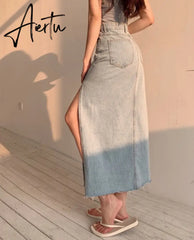 Aiertu  Maxi Jeans Skirt Women Denim Long Skirts Summer  Vintage Maxi Skirt Side Split Denim Skirt Women Long Korean Aiertu