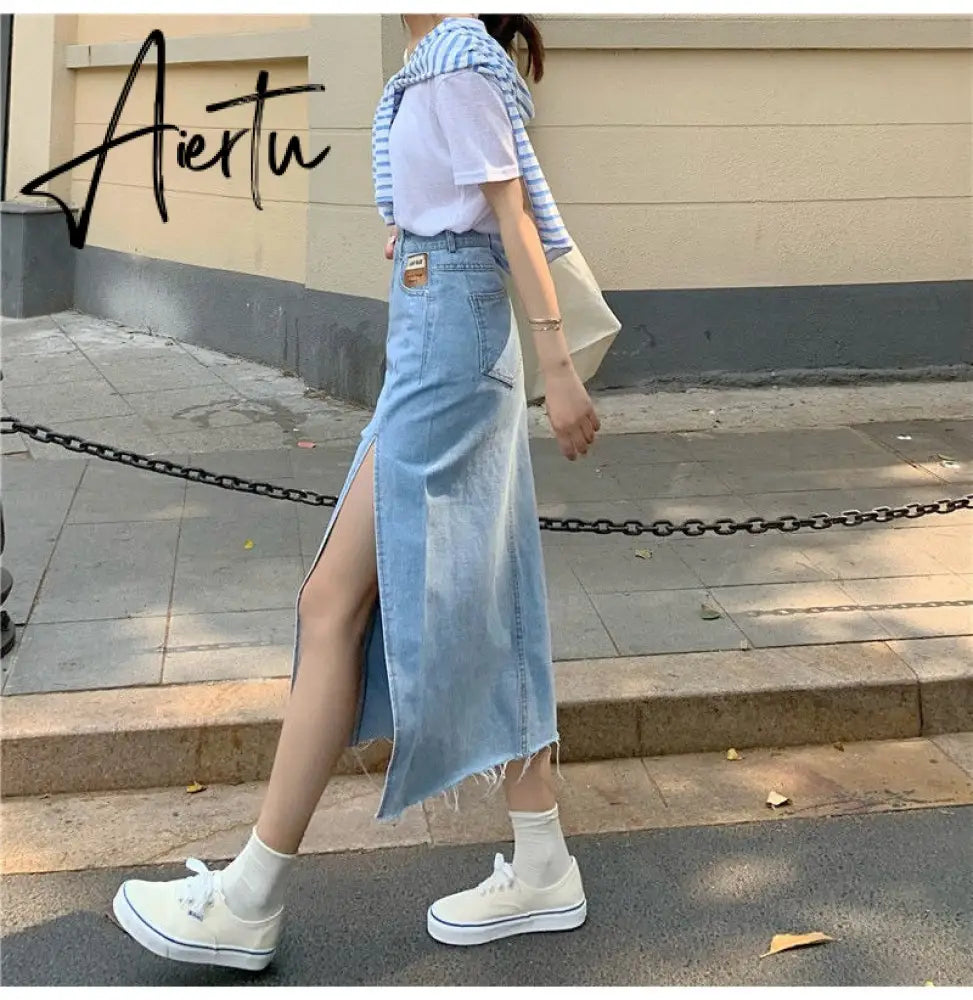Aiertu  Maxi Jeans Skirt Women Denim Long Skirts Summer  Vintage Maxi Skirt Side Split Denim Skirt Women Long Korean Aiertu