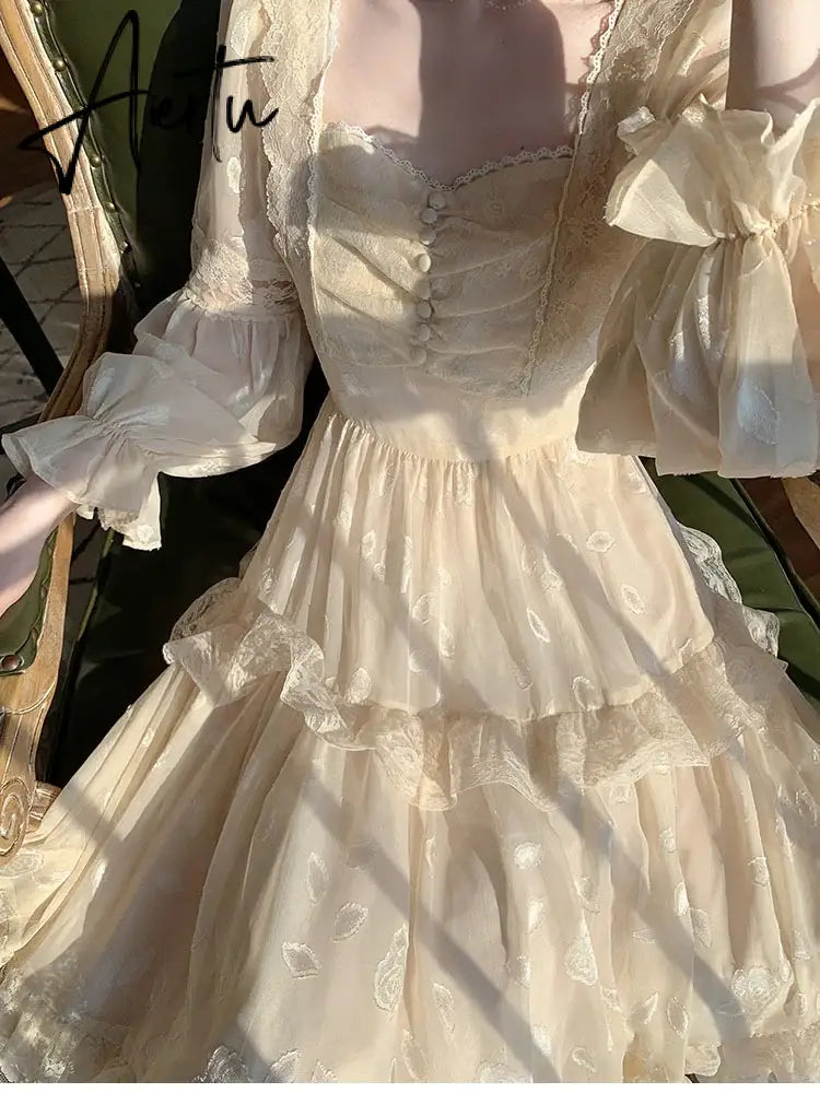 Aiertu Medieval Romantic French Court Style Dress Womens Spring Flare Sleeve High Waist Elegant Female Dress Vintage Long Dresses Aiertu