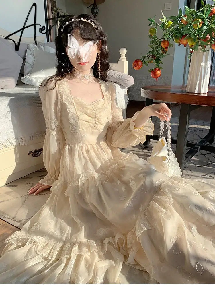 Aiertu Medieval Romantic French Court Style Dress Womens Spring Flare Sleeve High Waist Elegant Female Dress Vintage Long Dresses Aiertu
