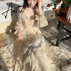 Aiertu Medieval Romantic French Court Style Dress Womens Spring Flare Sleeve High Waist Elegant Female Dress Vintage Long Dresses Aiertu